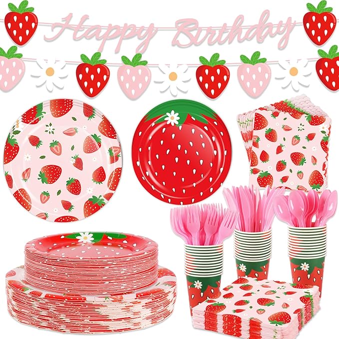 OuMuaMua 177Pcs Strawberry Birthday Party Plates Napkins Banners Supplies Summer Fruit Disposable Tableware Set for Girls Berry First Sweet One 1st Baby Shower Strawberry Theme Decorations, Serves 25