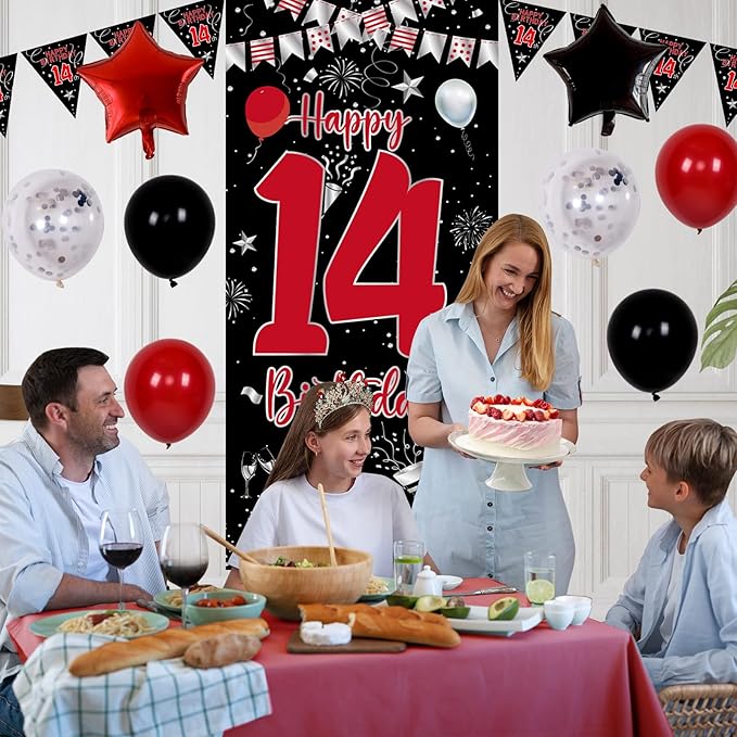 14th Birthday Decorations for Boys Girls, Happy 14th Birthday Decorations Boy, Red Black 14 Year Old Birthday Door Banner Sign, Triangle Flag, Large 14 Balloons Decor for 14 Bday Party Supplies