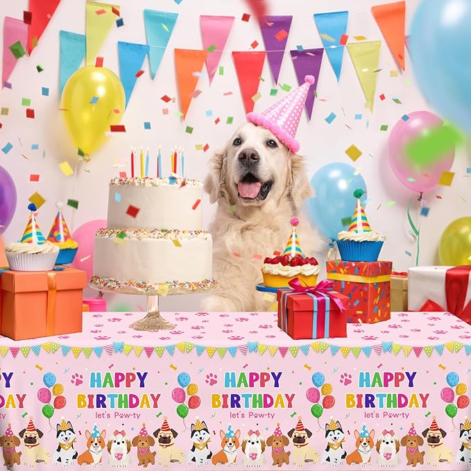 4 Pack Puppy Dog Tablecloth Pink Paw Print Table Cloth Disposable Rectangle Table Cover for Girls Kids Birthday Party Supplies, Puppy Pet Dog Themed Birthday Party Decorations