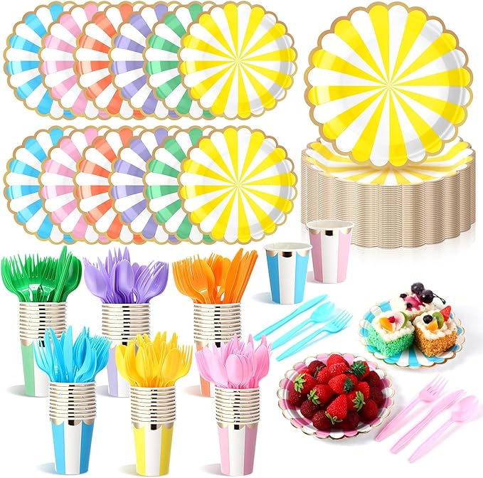 Mimorou 300 Pcs Pastel Scalloped Paper Plates Disposable Macaron Party Plates 7 Inch Gold Edge Colorful Dinnerware Set Striped Pastel Rainbow Tableware for Wedding Birthday Baby Shower Party Supplies