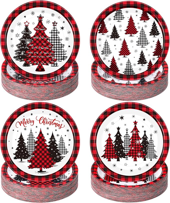 60 Pcs Red Christmas Paper Plates 9 Inch Xmas Buffalo Plaid Tree Snowflake Disposable Plates Merry Christmas Tree Themed Tableware for Holiday Xmas Winter Party Decorations Supplies