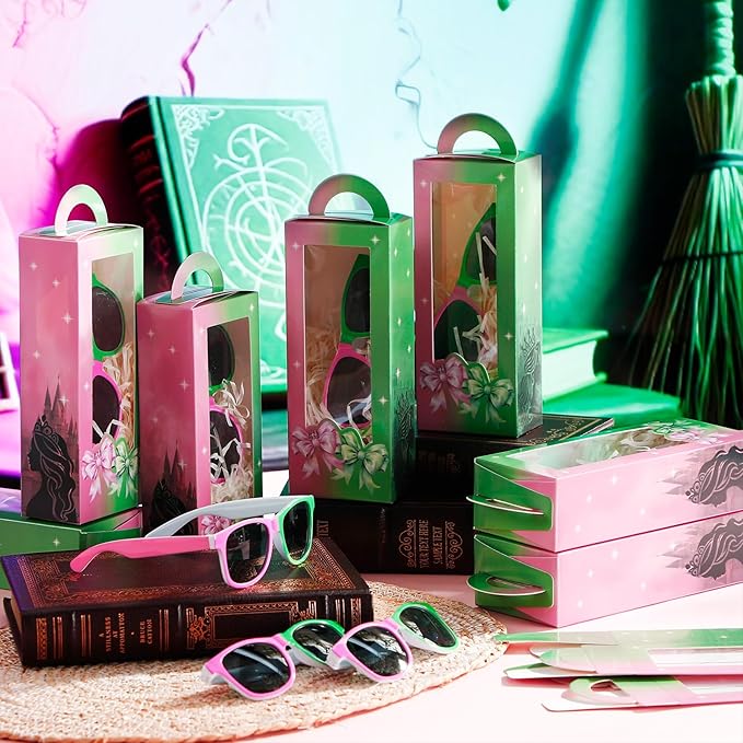 32 Pieces Witch Party Favor Supplies Includes Green Pink Sunglasses and Witch Theme Gift Boxes for Halloween Birthday Theme Party Accessories Decoration