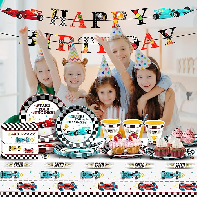Race Car Birthday Party Decorations Supplies Set Includes Plates Napkins Cups Banner and Tablecloth for Race Car Party Decorations, Serve 24