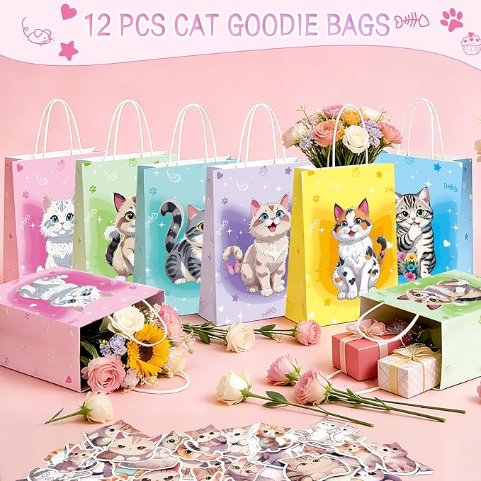 122PCS Cat Party Favors for Girls, Cat Themed Birthday Party Supplies With Goodie Bags Headband DIY Face Stickers Slap Bracelets Resin Cats, Cat Party Favors Easter Gifts Classroom Rewards for Kids