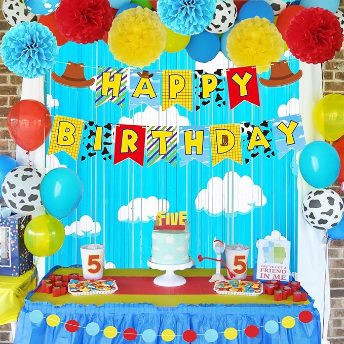 Cartoon Story Birthday Party Supplies Decorations, Include Banner, Balloons, Foil Fringe Curtains, Paper Garland Pull Flower, Tissue Paper Pom Poms