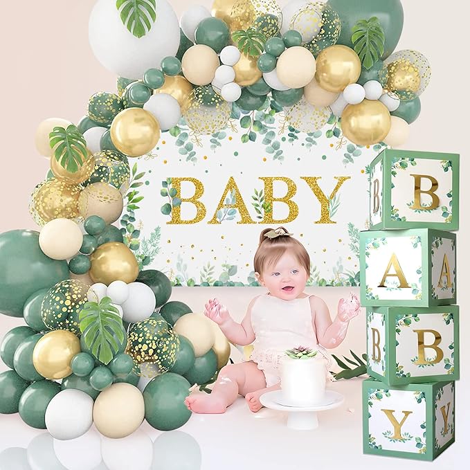 Sage Green Baby Shower Decorations 125PCS Green Balloon Arch Kit, Balloon Boxes, Backdrop for Woodland Jungle Theme Baby Shower Decor Gender Reveal Birthday Party Supplies