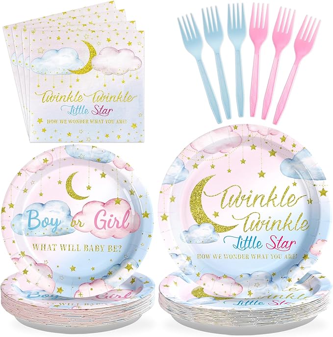 Grencian 96Pcs Twinkle Twinkle Little Star Gender Reveal Party Supplies Plates and Napkins Baby Shower Disposable Tableware for Baby Girls or Boys Gender Reveal Party Decorations Serve 24