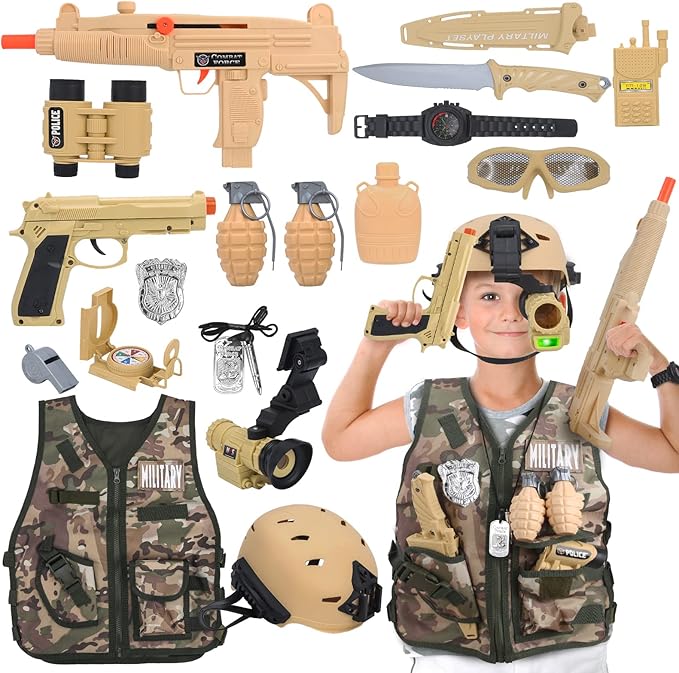 17 PCS Kids Army Costume, Military Soldier Dress up Role Play, Combat Marines for Halloween with Camouflage Vest, Helmet and Accessories for Kids Boys 3+