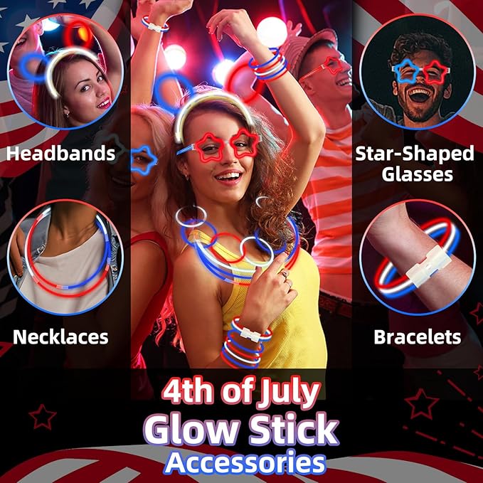 180 Pcs 4th of July Light Up Party Favors,12 Red White Blue Star Glasses 6 Headbands 12 Bracelets 150 Patriotic Glow Sticks Bulk with Connectors Glow in the Dark Party Supplies 250th Anniversary USA