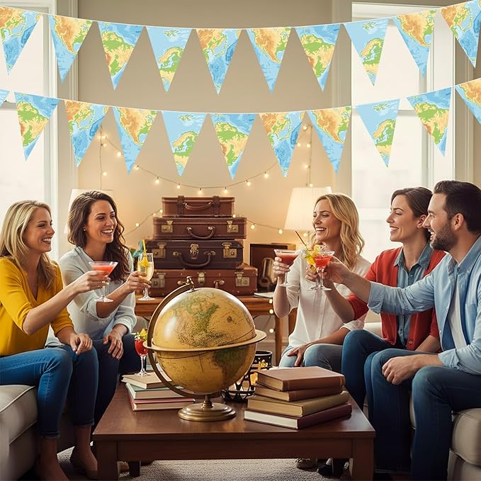 HESTYA 5 Pieces 49 Feet Travel Themed Party Decoration Bon Voyage Map Pennant Banner Around The World Themed Triangle Flag Bunting Banner for Graduation Classroom Farewell Retired Party Decor Supplies