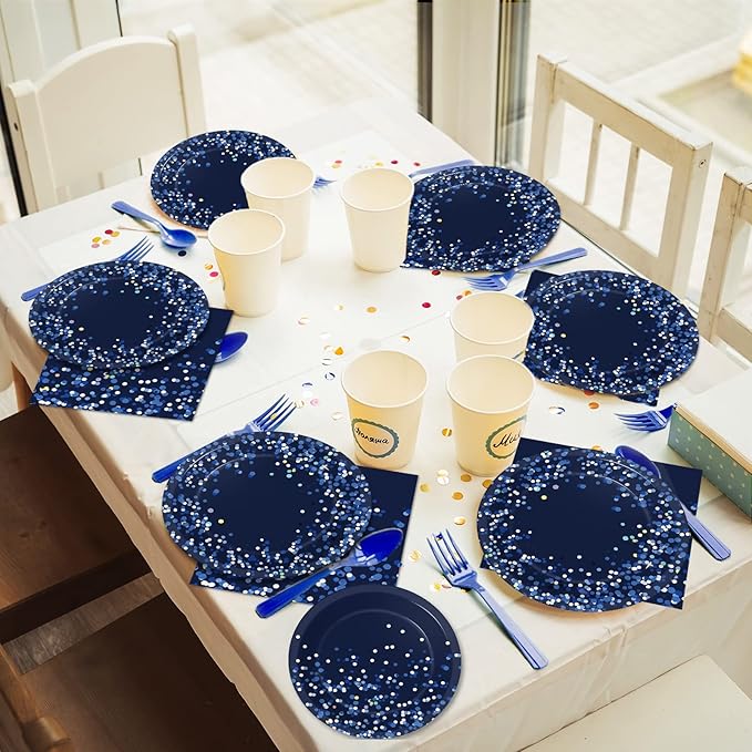 96 Pcs Blue and Silver Party Supplies Dot Confetti Paper Plates Sparkly Glitter Theme Party Decoration Confetti Party Tableware Set Bridal Shower Birthday Party Paper Plate Napkin Fork 24 Guests