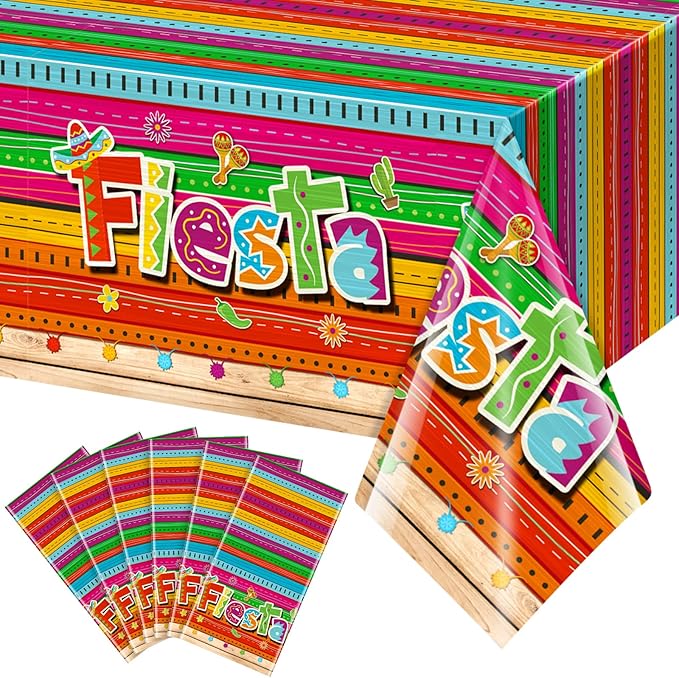 Jectivs 6-Piece Mexican Fiesta Plastic Tablecloth Set, Rectangular, 54 x 108 Inch, All-Season, Waterproof, Durable, for Party, Birthday, Taco Night, Cinco de Mayo Decorations