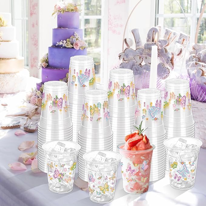 100 Pcs Butterfly Plastic Cups 12 oz Butterfly Disposable Cups Clear Butterfliy Theme Drinking Cup Spring Party Favor Drinking Beverage Cup for Baby Shower Birthday Party Supplies