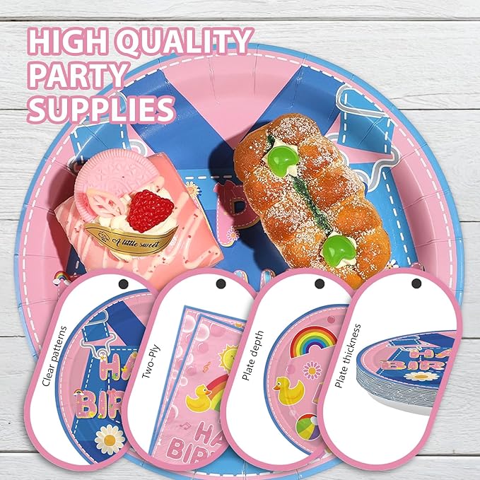 96Pcs Girls Birthday Party Decorations Pink Cartoon Teaching Plates and Napkins Cartoon English Teacher Theme Tableware Set for Girl Birthday Baby Shower Party Supplies，Serves 24