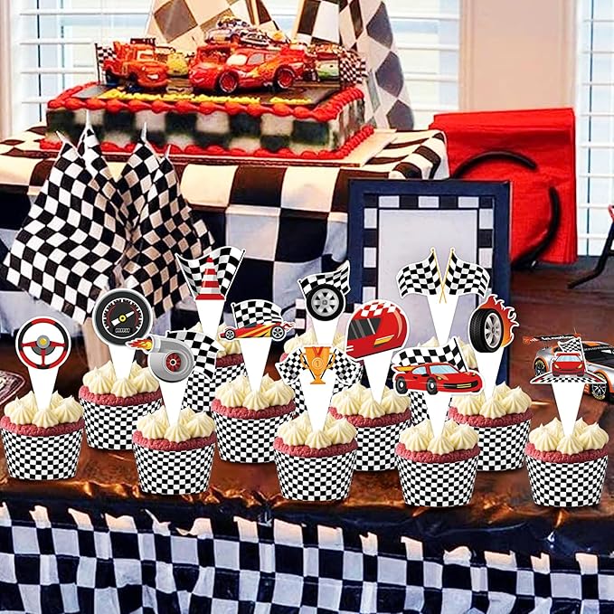 48 Pack Race Car Cupcake Toppers and Wrappers, Race Car Party Cake Decoration for Racing Checkered Theme Birthday Party Baby Shower Supplies