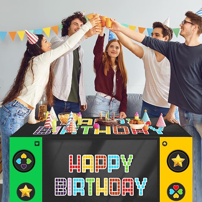 Oudain 6 ft Video Game Theme Tablecloth Birthday Party Supplies Game Party Decoration Tablecloth 72 x 30'' Retro Table Cover Washable Fabric Polyester Rectangle Table Cover