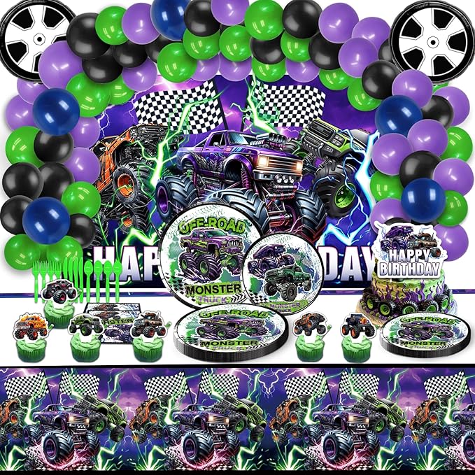 150Pcs Monster Truck Birthday Decorations，Monster Truck Party decorations，Monster Truck Birthday Party Supplies，Include Balloon arch,Backdrop, Cake Toppers，Tableware, Tablecloth