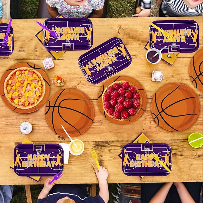 96Pcs Basketball Birthday Party Decorations Sports Themed Plates and Napkins Purple Yellow Basketball Disposable Paper Tableware Set for Kids Boys Men Birthday Party Supplies Serves 24