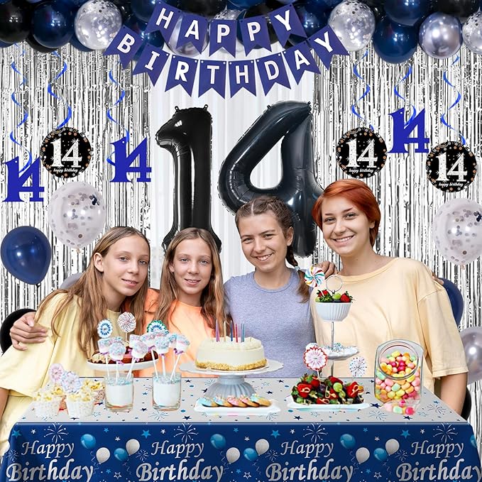 14th Birthday Decorations for Boys and Girls Dark Blue, 14 Party Decorations with HAPPY BIRTHDAY Banner 14 Balloon Number Tablecloth Foil Star Balloons Garland Arch Kit-14 Year Old Party Supplies