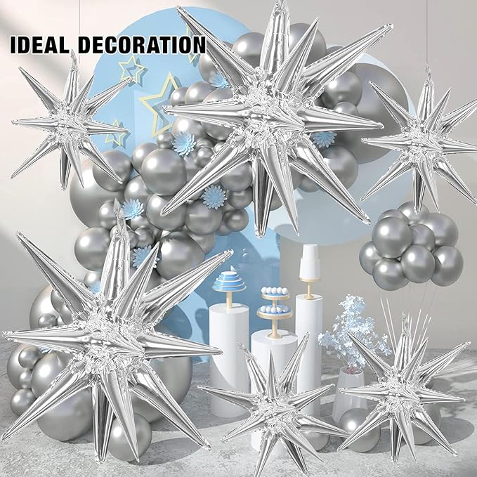 6 Pcs Silver Star Foil Balloons One-Piece 14-Pointed Star Balloon 4D Starburst Cone Mylar Balloon 22inch Christmas Birthday Wedding Wedding Anniversary Party Supplies (22&27 Inches Silver)