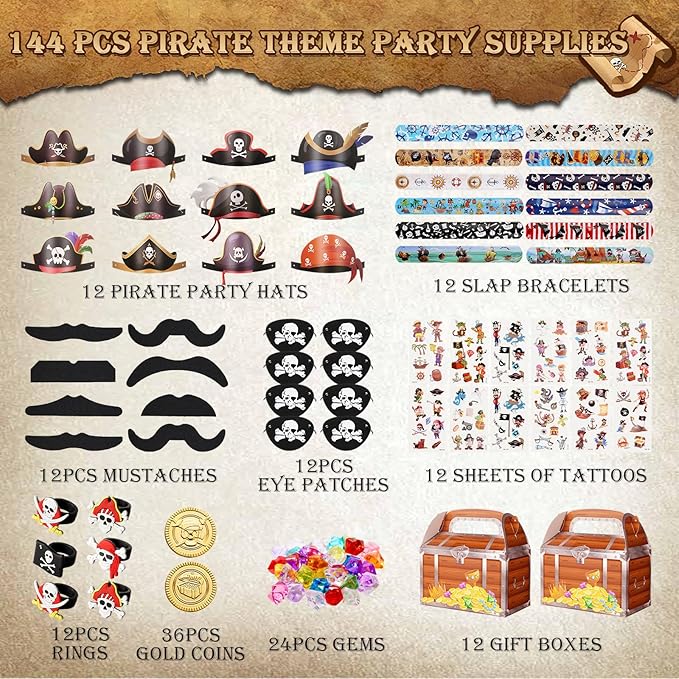 Vanblue 144Pcs Pirate Party Favors Birthday Party Decorations Supplies Pirate Eye Patch Mustache Goodie Bags Stuffers Pinata Filler Classroom Prizes Treasure Boxes for Kids Boys