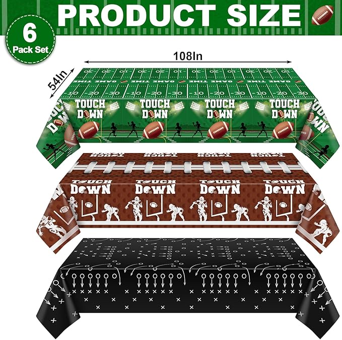 6 Pack Plastic Football Tablecloth, Superbowl Party Decorations 54 x 108 Inch Superbowl Tablecloth for Rectangle Tables Disposable Touchdown Table Cover for Football Theme Party Games Decor