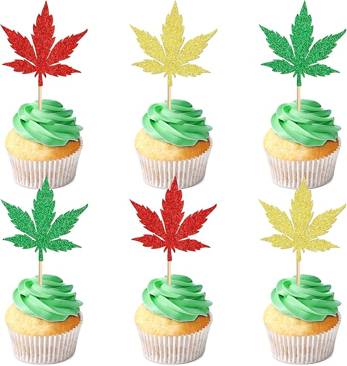 Ercadio 24 Pcs Green Red Glitter Marijuana Cupcake Topper Have a Dope Theme Decor Supplies Man Woman Happy Birthday Party Decorations Supplies