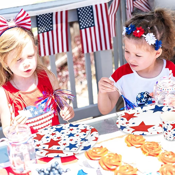Whaline 96Pcs Patriotic Party Tableware Set with Paper Plate Napkin Cup Red Blue Star 4th of July Disposable Dinnerware for 24 Guests Independence Day Party Table Decor