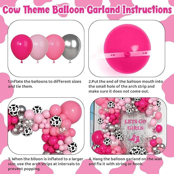 170Pcs Cowgirl Balloons Arch Garland Kit, Hot Pink Silver Cow Print Balloons for Last Rodeo Bachelorette Western Let's Go Girl Cowgirl Baby Shower Birthday Disco Party Decorations Supplies