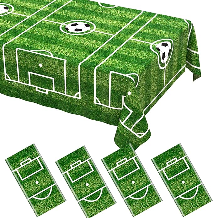 WNINK 4 Pack Soccer Tablecloths 54" x 108" Disposable Plastic Table Covers for Soccer Themed Parties, Sports Events & Decorations, Rectangular Grass Design