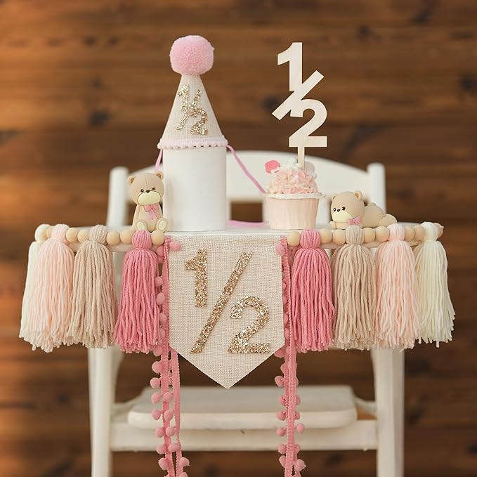 1/2 Pink Baby Girl Birthday Highchair Banner Wood Bead Tassel Garland Half Birthday Conical Cap Wooden Cake Topper Happy Half Year Party Photoshoot Props
