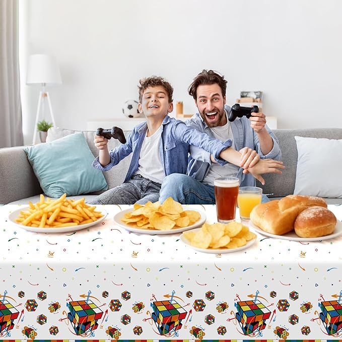 3 Pcs Magic Cube Pattern Disposable Tablecloth, Colorful Geometric Design Birthday Tablecloth Party Supplies for Smart Fun Kids Adult Celebrations,54 * 108 Inch.