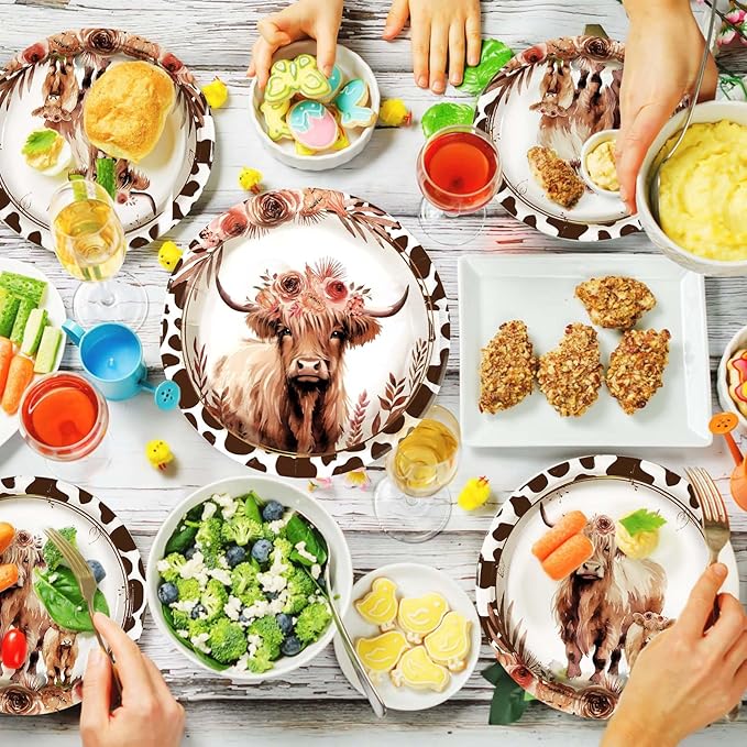 96Pcs Fall Highland Cow Party Supplies Brown Cow Plates and Napkins Tableware Set Disposable Floral Highland cow Party Decorations for Autumn Kid Birthday Baby Shower Western Farm Animal party Serve24