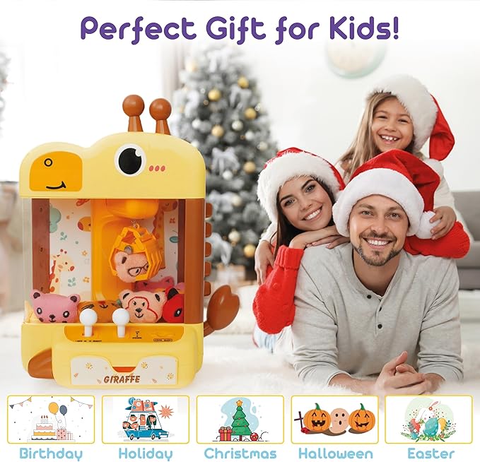 Claw Machine for Kids - Mini Arcade Game - Vending Machine - Candy Grabber Toys - Silent Mode, Lights, USB - Plush Toys & Easter Eggs, Surprise Stickers - Fun Gift for Kids, Boys & Girls (Giraffe)