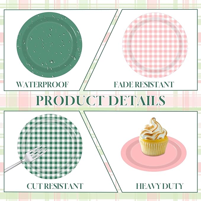 48PCS Gingham Paper Plates, 7 Inch Pink Green Plaid Plates Disposable Dessert Plates Party Supplies for Picnic Wedding Baby Shower Birthday Party Deorations Table Decor