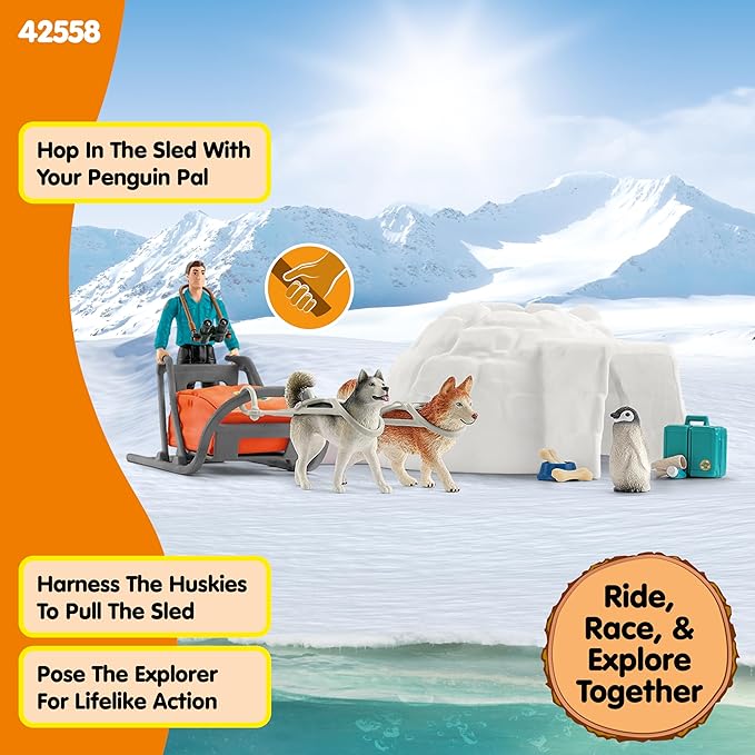 schleich Wild Life - 19 PC Antarctic Expedition Playset with Ranger, Husky Dogs, and Penguin Animal Figurines - Snow Safari Play Set with Dogsled and Igloo - Educational Toys for Kids 3 - 8 | 42558