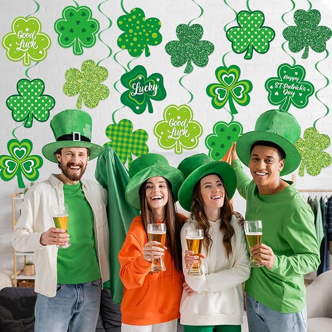 40Pcs St Patricks Day Shamrock Hanging Swirls Decorations, Lucky Irish Clover Hanging Streamer St Patricks Day Ceiling Decorations for Irish Saint Patrick Party Decor Supplies