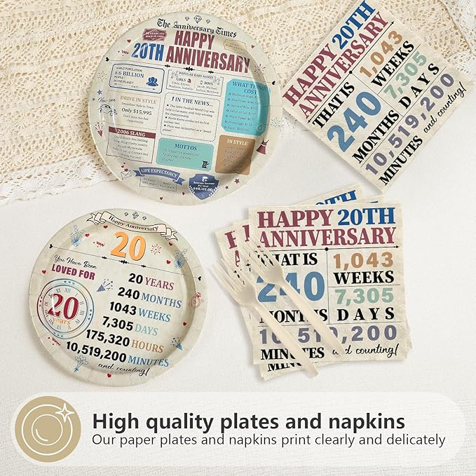 96Pcs 20th Anniversary Party Decorations Retro 20 Years Wedding Aday Plates and Napkins Happy 20th Anniversary Disposable Tableware Set for Vintage 20 Year Wedding Party Supplies Serves 24