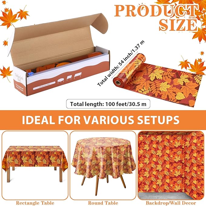Kochorie 100 Ft x 54 Inch Fall Leaf Tablecloth Roll with Cutter Box Disposable Fall Thanksgiving Plastic Table Cover Backdrop Cut to Size Maple Leaves Table Cloth Roll for Autumn Party Decorations