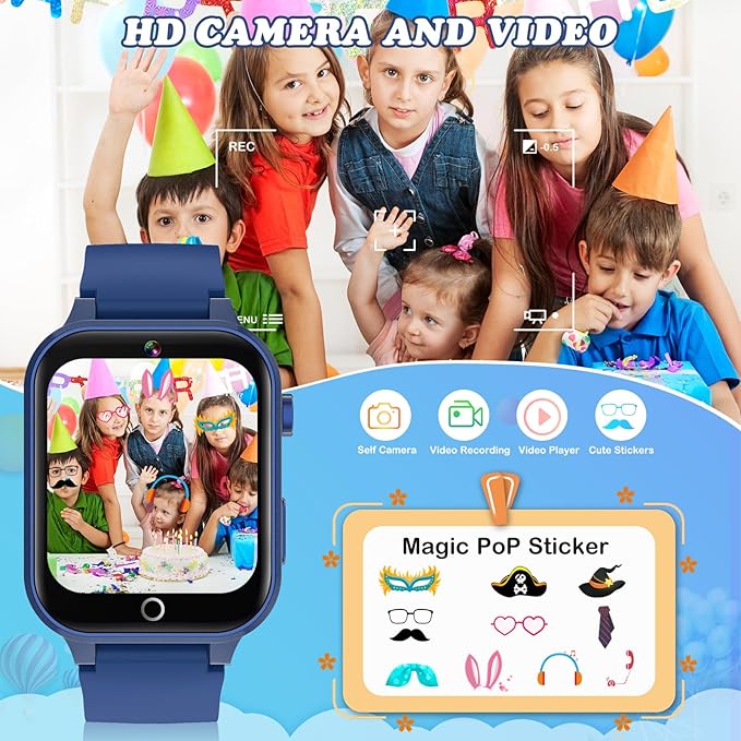 Kids Smart Watch with Camera, Video, Music Player, Alarm Clock, Stopwatch, Calendar, Pedometer, 1.54'' HD Touchscreen, Shockproof, IP68 Waterproof for Girls Boys 6-12 Years Old (Blue)