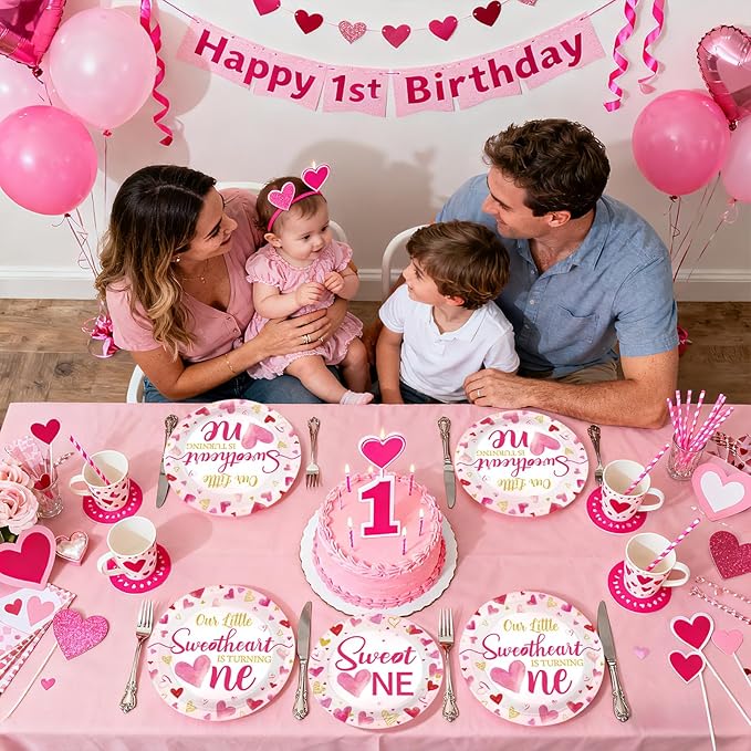 96Pcs Valentines 1st Birthday Party Decorations Valentine Sweet One Plates and Napkins Our Little Sweetheart is Turning One Party Decoration for Valentine's First Year Old Birthday Supplies Serves 24