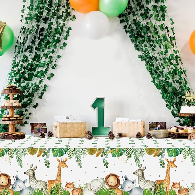 Jungle Safari Tablecloths,3Pcs Wild Animal Table Cover for Safari Baby Shower Decorations,Boys and Girl Birthday Party Sage Green Theme Party Supplies
