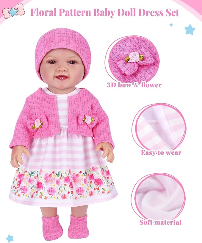 BABESIDE 4 Pcs Baby Doll Clothes and Accessories for 12-16 Inch Dolls, Pink Doll's Clothes and Floral Skirt with Hat for Dolls Accessories