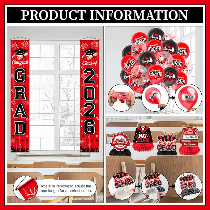 Graduation Decorations Class of 2026 Red and Black Party Decor Set include Congrats Grad Banner Graduation Backdrop Class of 2026 Balloons Party Supplies