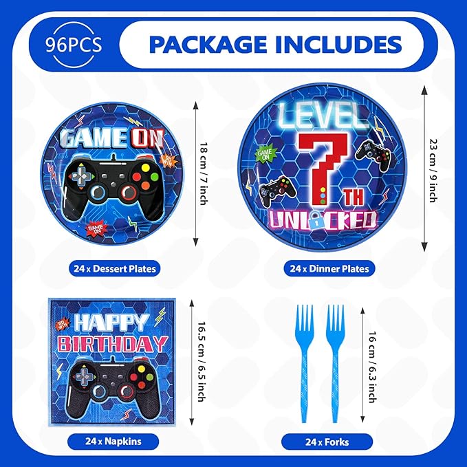 96Pcs 7th Video Game Birthday Party Decorations Blue Video Game Level Birthday Plates and Napkins Tableware Sets for Boys 7 Years Old Gamer Gaming Party Serves 24