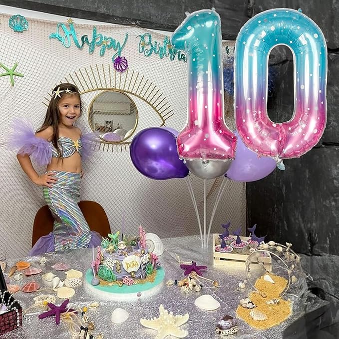 Mermaid Number 0 Balloons 40 Inch, Large Purple Teal Rainbow Number Balloons 0-9 Set, Starry 0 Mylar Foil Balloon Numbers for Girls Women Baby Shower Birthday Graduation Anniversary Party Decorations