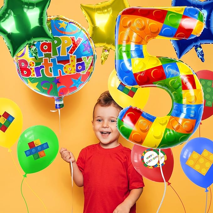 40 Inch Building Block Number Balloon, Colorful Number Block Foil Number 5 Balloons Large Big Numbers Helium Balloon for Girls Boys 5th Birthday Brick Theme Party Decorations (Number 5)