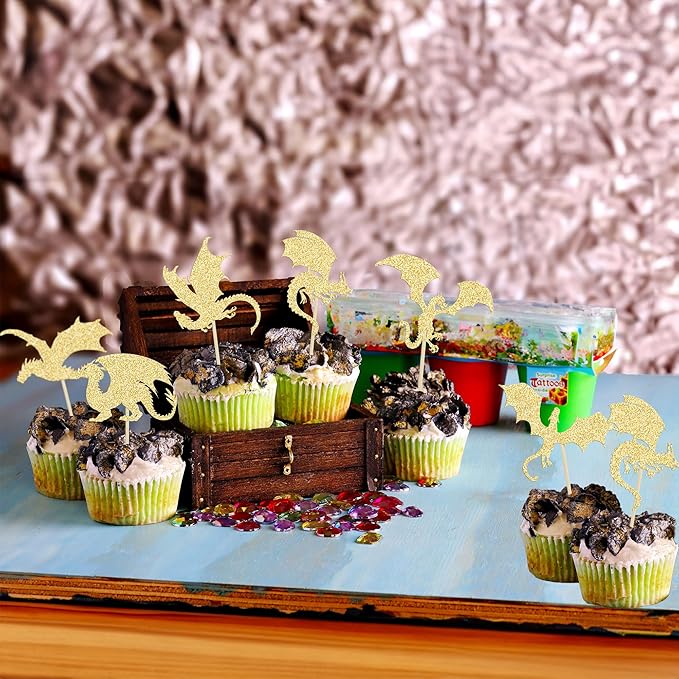 24Pcs Dragon Cupcake Toppers Glitter Fantasy Cool Dinosaur Birthday Cupcake Picks for Medieval Dragon Theme Baby Shower Kids Birthday Party Cake Decorations Supplies Gold