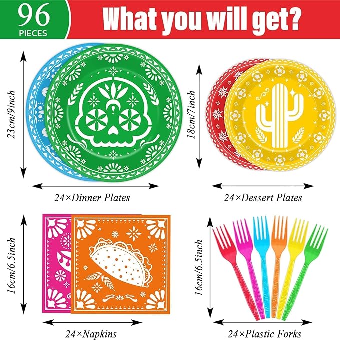 96 Pcs Mexican Fiesta Tableware 5 De Mayo Party Supplies for 24 Guests Mexican Papel Picado Disposable Plates Napkins for Party Decorations Fiesta Taco Carnival Birthday Baby Shower Favors