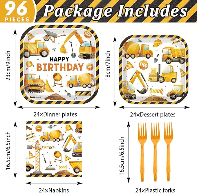 gisgfim Construction Birthday Party Supplies Construction Theme Decorations Square Truck Constructions Disposable Plates Napkins Tableware Set for Boys Kids Birthday Party Favors Serves 24 Guests